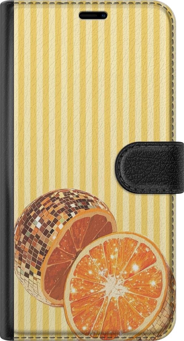 Kompatibel Tegnebogsetui til Apple iPhone 12 Pro Glitrende appelsinskiver og discokugle mod gulstribet retrobaggrund gul