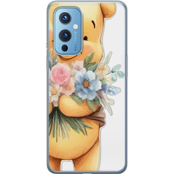 OnePlus 9 Gennemsigtig cover Nalle Puh med blomster - klassisk børnefavorit i en blomstrende forårs miljø