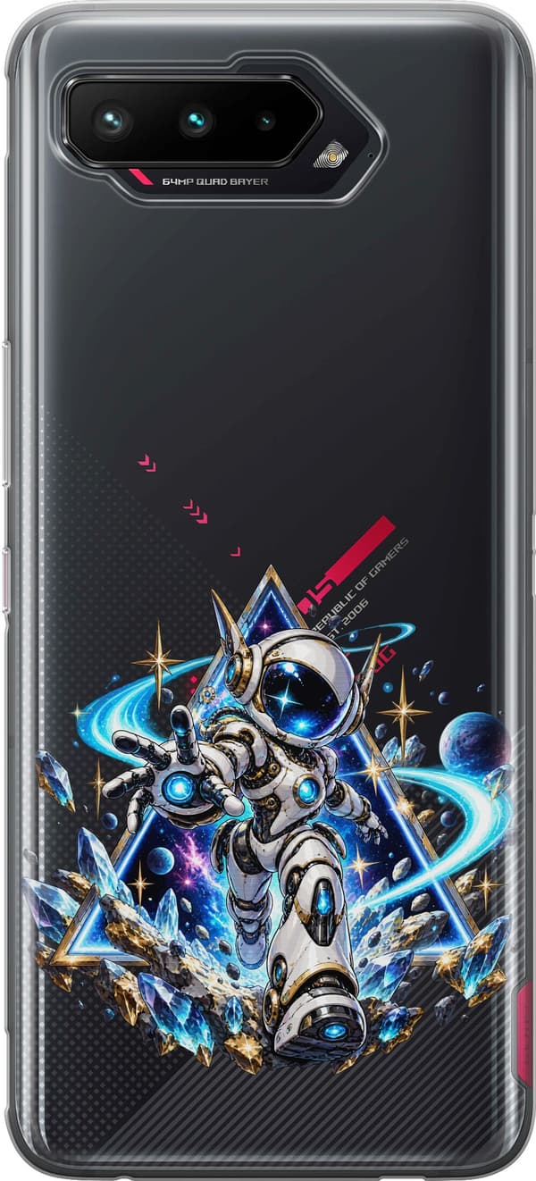 Kompatibelt Mobildeksel til Asus ROG Phone 5 Sølvfarget astronaut med stjernevisir blant blå krystaller, planeter og lysbaner blå