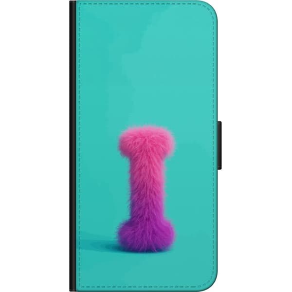 Kompatibel Tegnebogsetui til OnePlus 7 Pro Rosa og lilla loddet bogstav I med blød pelsstruktur på turkis baggrund blå