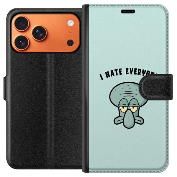 Kompatibel Tegnebogsetui til Apple iPhone 17 Pro Max Tegnet utilfreds blækspruttefigur med teksten I Hate Everyone på lyse turkis baggrund blå