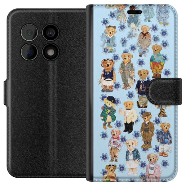 Kompatibel Tegnebogsetui til OnePlus 10 Pro Søde bamser i trendy tøj med blå blomster blå