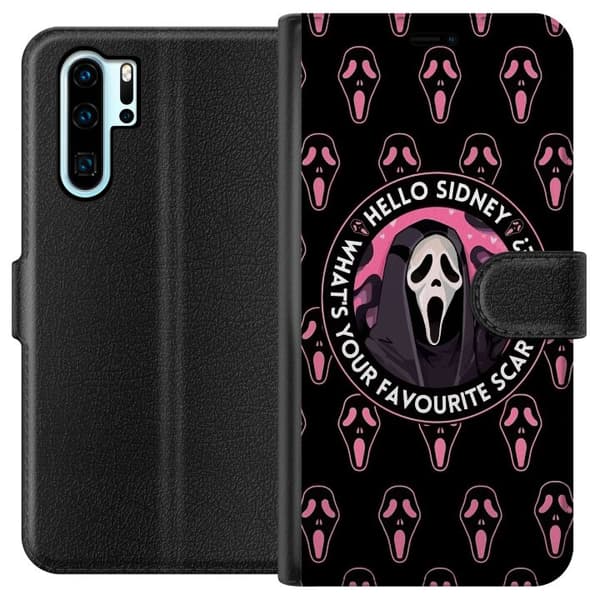Kompatibel Tegnebogsetui til Huawei P30 Pro Sort og rosa skrækmotiv med maskerede figurer og teksten Hello Sidney sort
