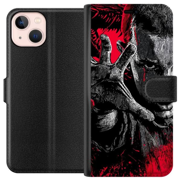 Kompatibel Tegnebogsetui til Apple iPhone 13 mini Eleven fra Stranger Things i mørkerød og sort skrækillustration