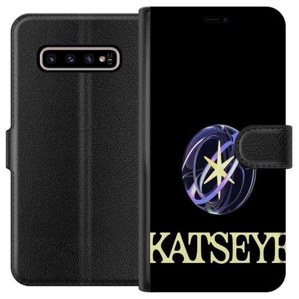 Kompatibel Tegnebogsetui til Samsung Galaxy S10+ KATSEYE-logo med gul stjerne, lilla omløbsringe og lys typografi mod sort baggrund sort