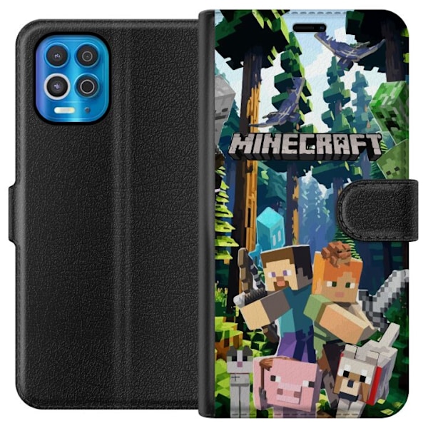 Motorola Edge S Plånboksfodral Minecraft mobilskal med skog och figurer i pixelstil