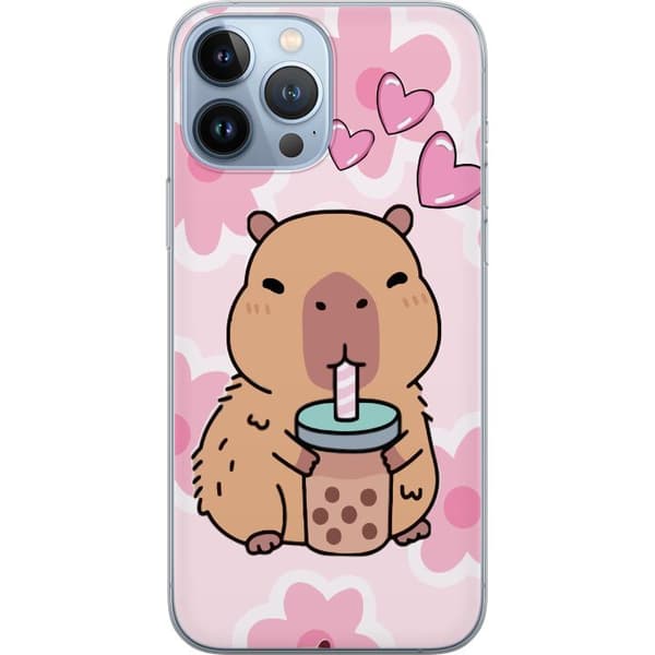 Kompatibelt Mobildeksel til Apple iPhone 13 Pro Max Søt kapybara som drikker bubble tea med hjerter og rosa blomsterbakgrunn. rosa