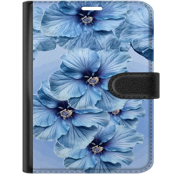 Kompatibel Tegnebogsetui til Apple iPhone Duo Store lyseblå blomster med mørkeblå centre mod blå baggrund blå