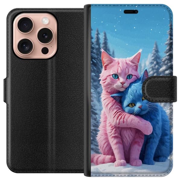 Kompatibel Tegnebogsetui til Apple iPhone 16 Pro Søde lyserøde og blå katte, der krammer i sneklædt vinterlandskab blå