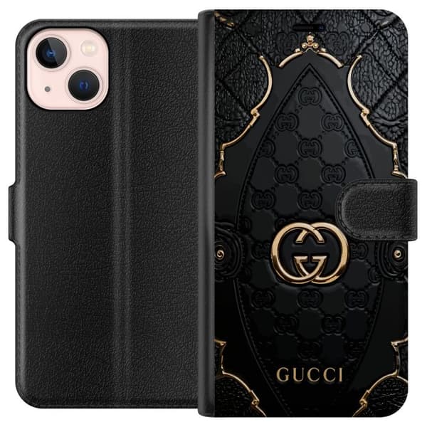 Kompatibel Tegnebogsetui til Apple iPhone 13 mini Sort quiltet monogrammønster med dekorative gulddetaljer og emblem sort