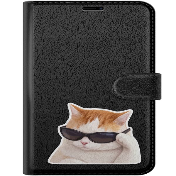 Kompatibel Tegnebogsetui til Apple iPhone Duo Solbrillekat - Orange motiv med kat med sorte solbriller. orange