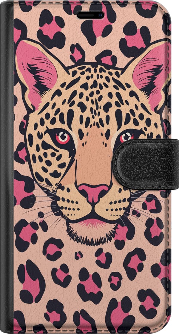 Kompatibelt Lommeboketui til Apple iPhone 18 Pro Illustrert leopardhode og svarte leopardflekker på rosa bakgrunn rosa