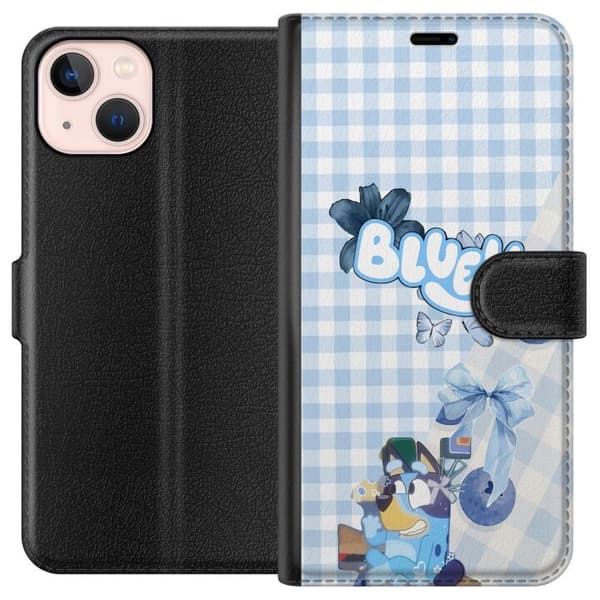 Kompatibel Tegnebogsetui til Apple iPhone 13 mini Bluey med blå sløjfe og ternet baggrund blå