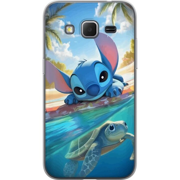Samsung Galaxy Core Prime Genomskinligt Skal Stitch med sköldpadda – söt blå alien i tropisk strandmiljö från Disney