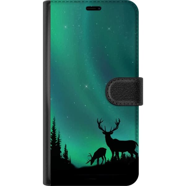 Kompatibel Tegnebogsetui til Apple iPhone 16 Plus Hjortar i siluett under norrsken