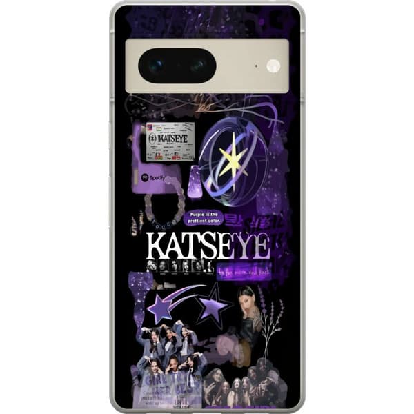 Kompatibelt Mobildeksel til Google Pixel 7 KATSEYE i lilla collage med gruppebilder, stjerner, logo og glitrende nostalgiske detaljer lila