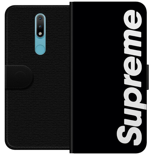 Nokia 2.4 Lompakkokotelo Supreme Musta Valkoinen Streetwear Suunnittelu Klassinen Muoti-ikoni Trendi Urbani Tyyli Graafinen Motiivi Suosittu