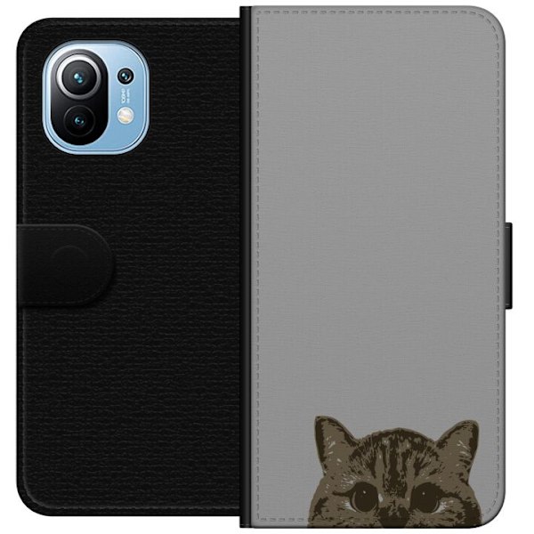 Xiaomi Mi 11 Plånboksfodral Grå Kattblick – stilren kattdesign med grå bakgrund