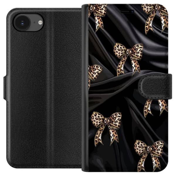 Kompatibel Tegnebogsetui til Apple iPhone 17e Mønster med leopardmønstrede rosetter på sort baggrund, elegant og trendy design med modefølelse