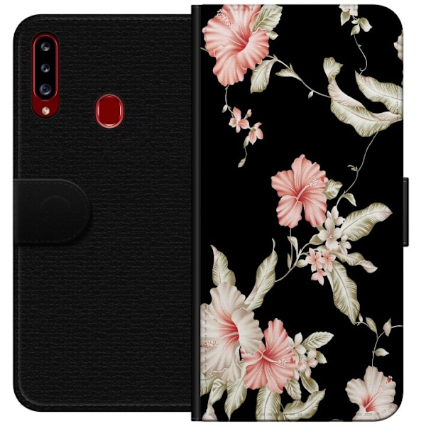 Samsung Galaxy A20s Tegnebogsetui Blomstermønster Sort