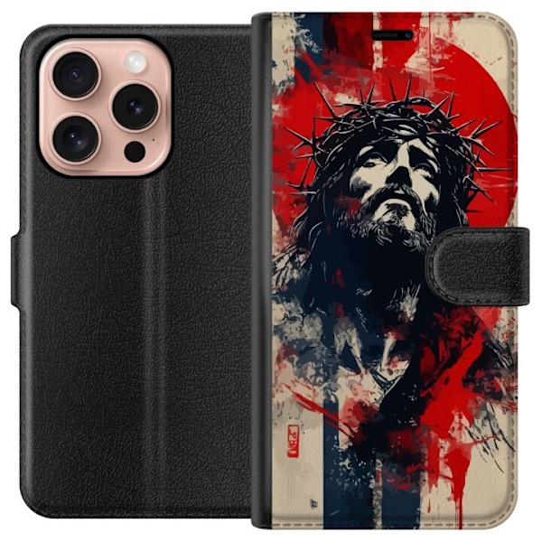 Apple iPhone 16 Pro Lompakkokotelo Jeesus ristillä - kristillinen aihe vahvalla symboliikalla uskosta ja toivosta