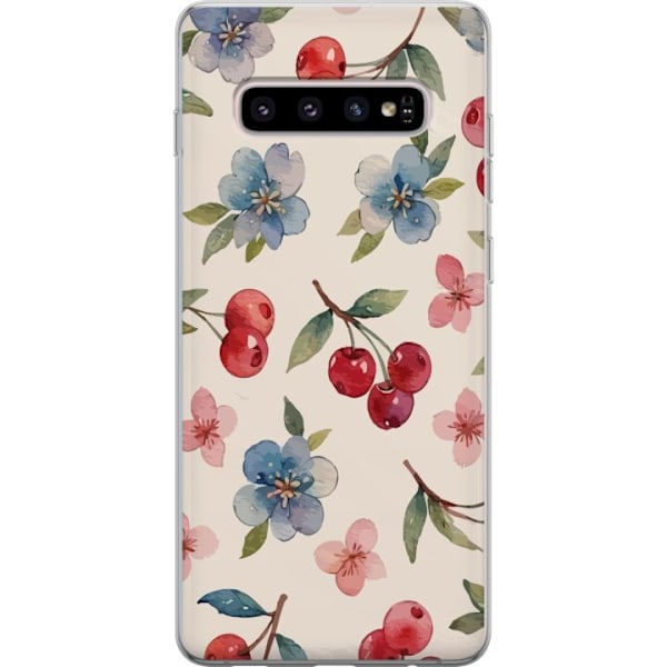 Samsung Galaxy S10+ Läpinäkyvä kuori Marjat & Kukat - kuvio, jossa on sinisiä kukkia ja metsänmarjoja