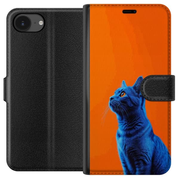 Kompatibelt Plånboksfodral till Apple iPhone 16e Blå katt med orange bakgrund i modern popkonststil blå