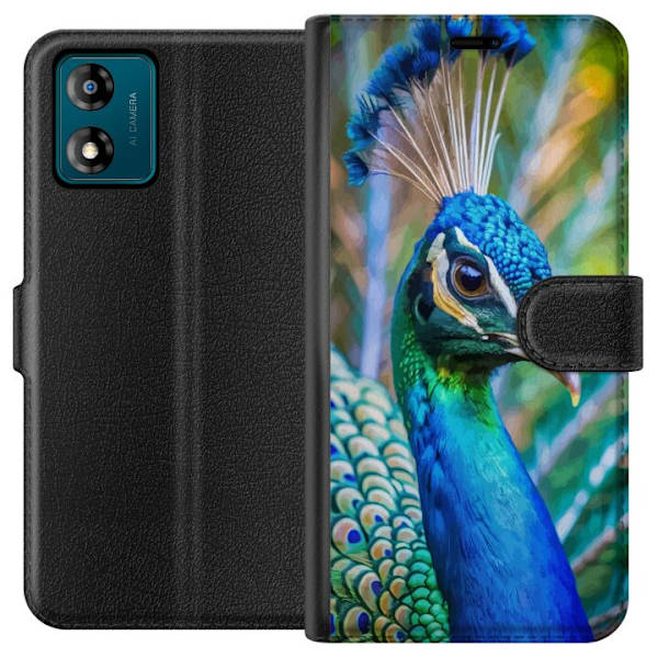 Motorola Moto E13 Lompakkokotelo Pavun Sulat Värikäs Design Lintuaihe Eksoottinen Graafinen Suunnittelu Luonto Ylellinen Koristelu