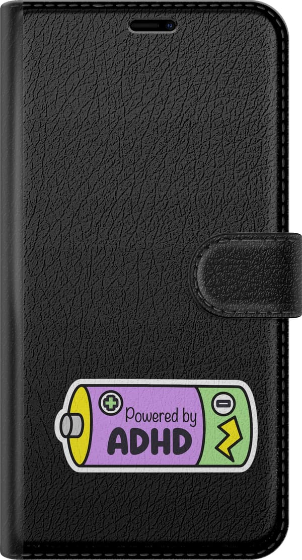 Kompatibel Tegnebogsetui til Google Pixel 9 ADHD-batteri - Lilla motiv med powered by ADHD - Batteri. lilla