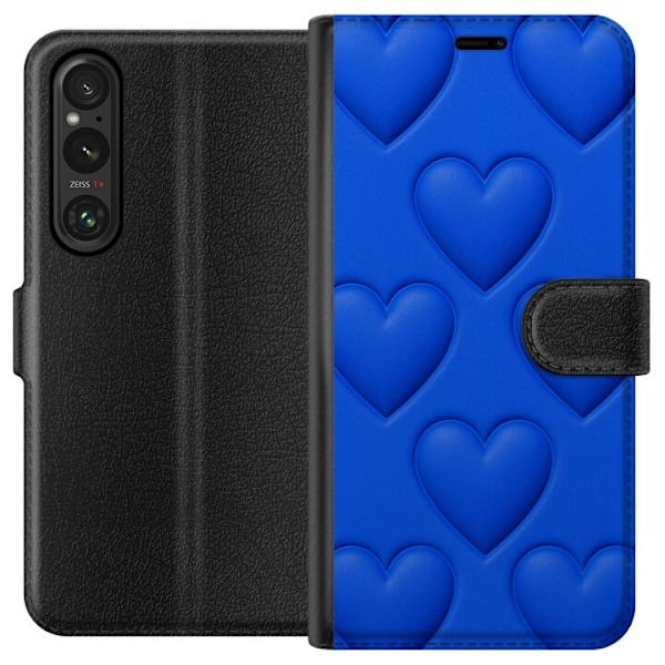Sony Xperia 1 V Lompakkokotelo Siniset Sydämet