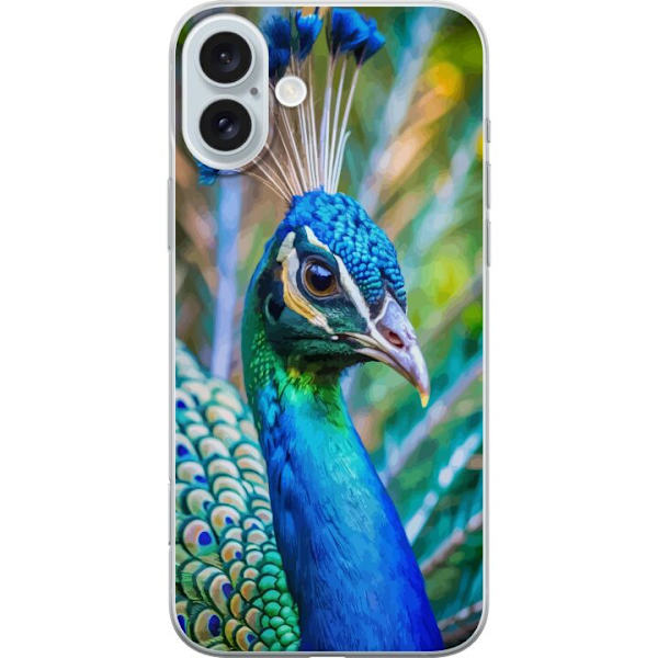 Apple iPhone 16 Plus Genomskinligt Skal Påfågel Fjädrar Färgstark Design Fågelmotiv Exotiskt Grafiskt Motiv Natur Lyxig Dekoration