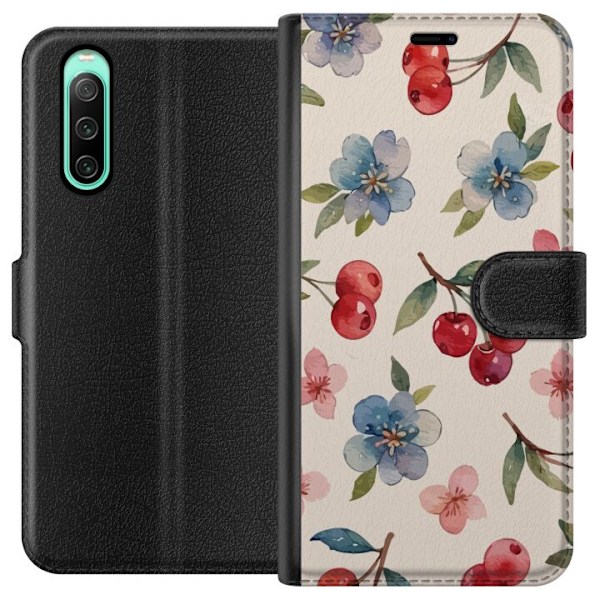 Sony Xperia 10 IV Lompakkokotelo Marjat & Kukat - kuvio, jossa on sinisiä kukkia ja metsänmarjoja