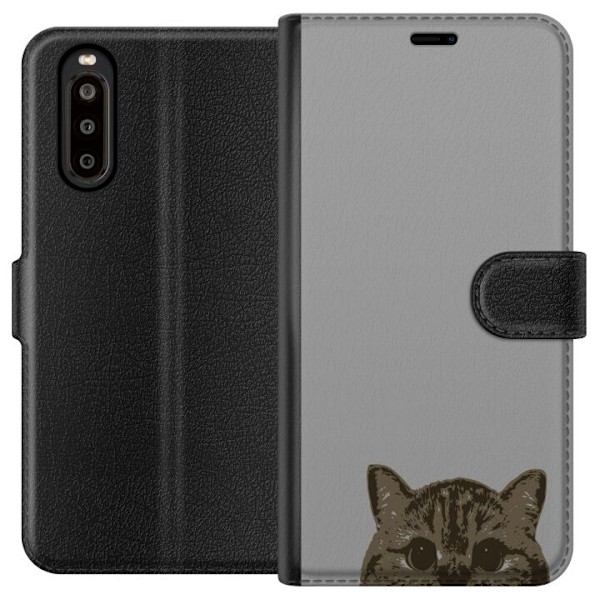 Sony Xperia 10 II Plånboksfodral Grå Kattblick – stilren kattdesign med grå bakgrund