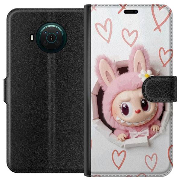 Nokia X10 Lompakkokotelo Labubu Sydän Taustakuva Pop Mart Rakkausteema Hahmodesign Suosittu Motiivi Keräilytaideteossarja