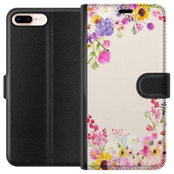 Kompatibel Tegnebogsetui til Apple iPhone 8 Plus Blommig akvarellram