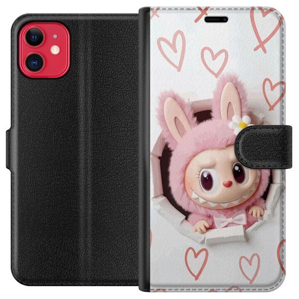 Apple iPhone 11 Plånboksfodral Labubu Hjärtbakgrund Pop Mart Kärlek Tema Figur Design Populärt Motiv Samlarfigur Art Toy Serie
