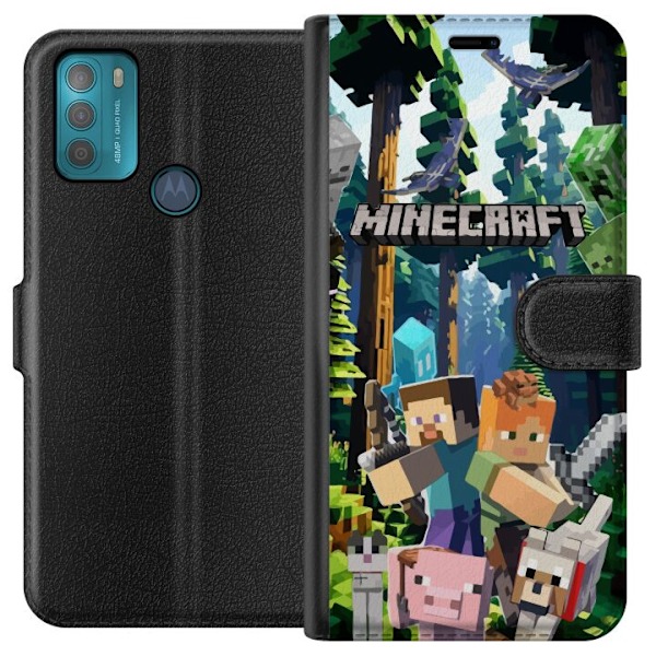 Motorola Moto G50 Lompakkokotelo Minecraft-matkapuhelinkotelo metsällä ja pikselityylisillä hahmoilla