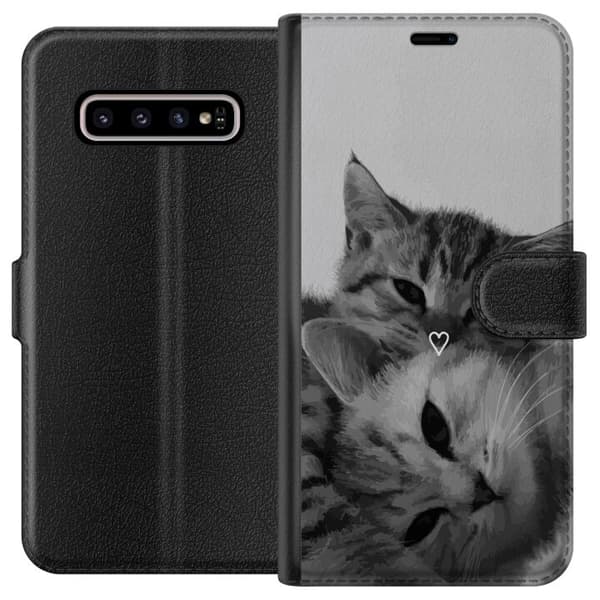 Kompatibelt Lommeboketui til Samsung Galaxy S10+ Katt Hjerte
