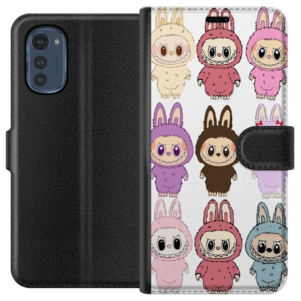Motorola Moto E32s Tegnebogsetui Labubu Pink Monster - Popkunst med Kawaii-touch