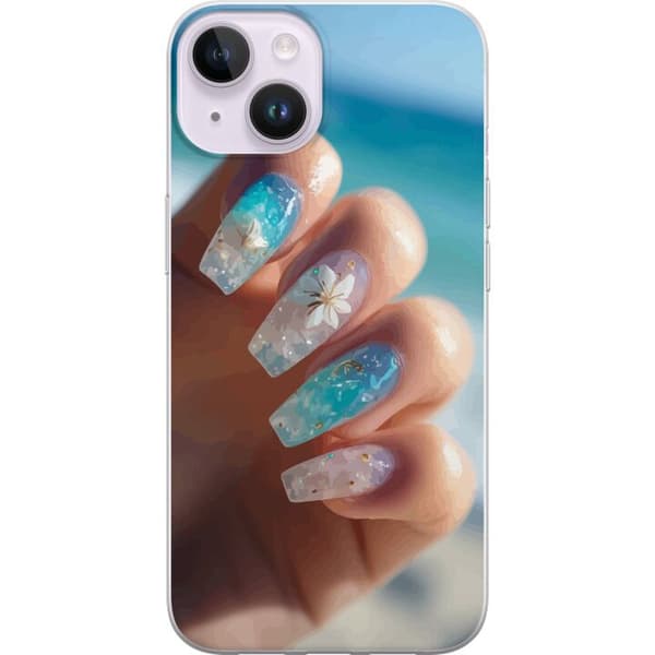 Kompatibelt Mobildeksel til Apple iPhone 14 Blå negler med glitter og blomst – Havsinspirert negledesign