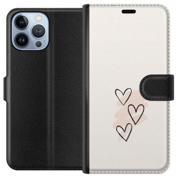 Kompatibel Tegnebogsetui til Apple iPhone 13 Pro Max Tre håndtegnede sorte hjerter med lyserøde penselstrøg på lys baggrund, romantisk motiv beige