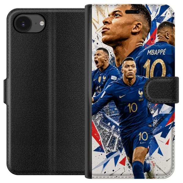 Kompatibel Tegnebogsetui til Apple iPhone 17e Kylian Mbappé i dynamisk fodboldcollage med blå, hvide og røde detaljer blå