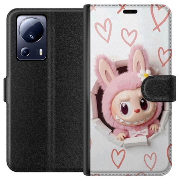 Xiaomi 13 Lite Lompakkokotelo Labubu Sydän Taustakuva Pop Mart Rakkausteema Hahmodesign Suosittu Motiivi Keräilytaideteossarja