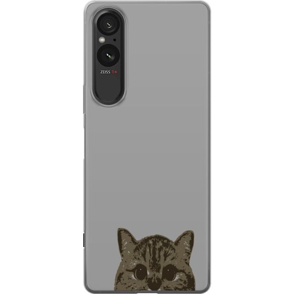 Sony Xperia 5 V Genomskinligt Skal Grå Kattblick – stilren kattdesign med grå bakgrund