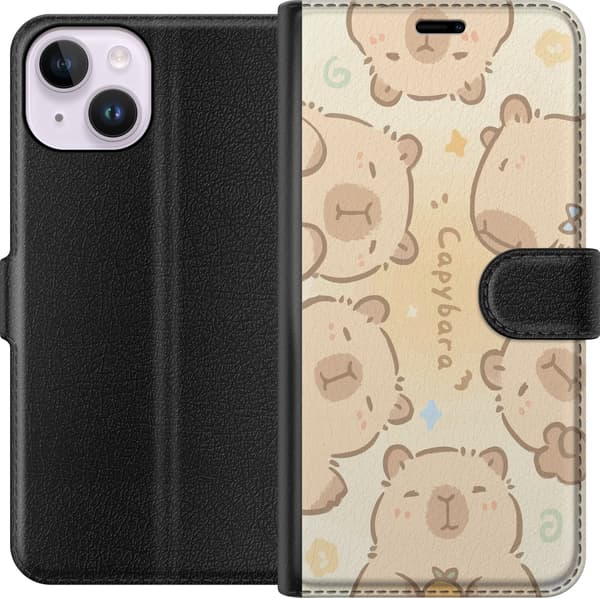 Kompatibel Tegnebogsetui til Apple iPhone 14 Søde kapybaraer, pasteldesign, søde flodsvin i bløde farver, sød varm stil med charme og legende energi