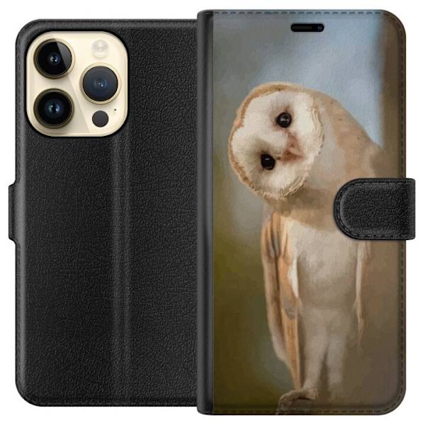 Apple iPhone 15 Pro Plånboksfodral Uggla Nyfiken Blick Fågelmotiv Skog Natur Grafiskt Design Populärt Motiv Djur Tema Dekoration