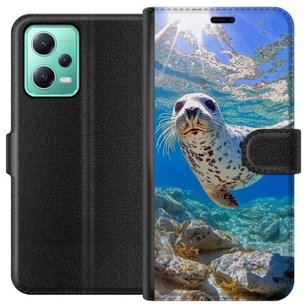 Xiaomi Redmi Note 12 Plånboksfodral Säl Hav Simmande Djurmotiv Natur Vattenmotiv Blå Design Marint Tema Populärt Motiv Djurliv