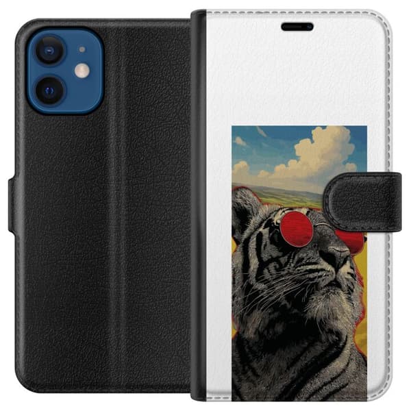 Kompatibelt Plånboksfodral till Apple iPhone 12 Cool tiger med röda solglasögon i popkonststil grå