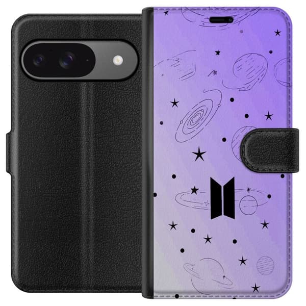 Kompatibelt Plånboksfodral till Google Pixel 9 BTS-logotyp omgiven av planeter, stjärnor och galaxillustrationer lila