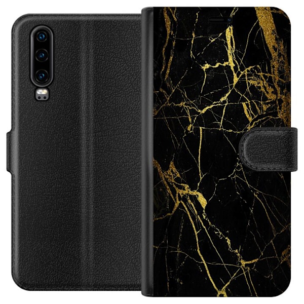 Huawei P30 Tegnebogsetui Marmor Sort & Guld